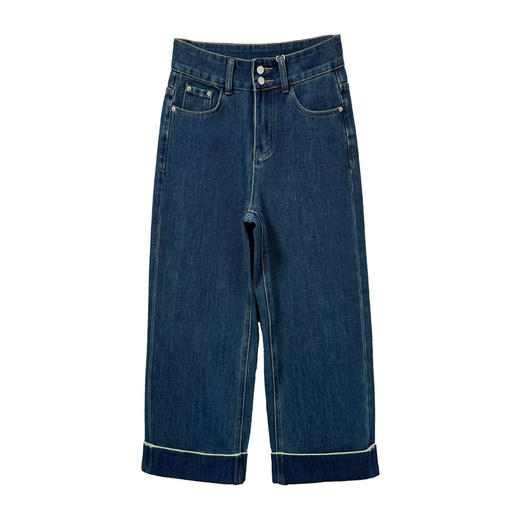 2024翻边撞色直腿裤!四面弹加厚绒直筒牛仔裤！小个子九分高腰阔腿裤！ 商品图4