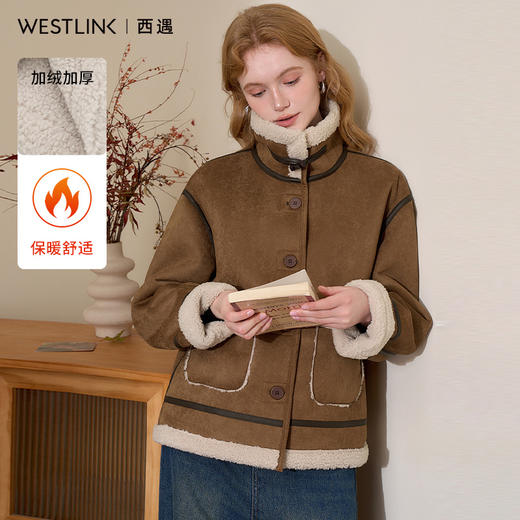 西遇短款复古翻领外套女冬季新款羊羔毛拼接双口袋设计上衣D0044080 商品图5