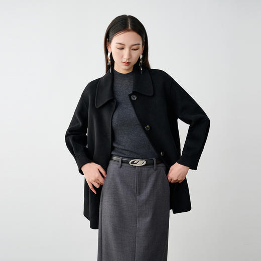 NEELLY纳俪商场同款冬季新款黑色单排扣一手长双面毛呢大衣女外套N24104N07777 商品图3