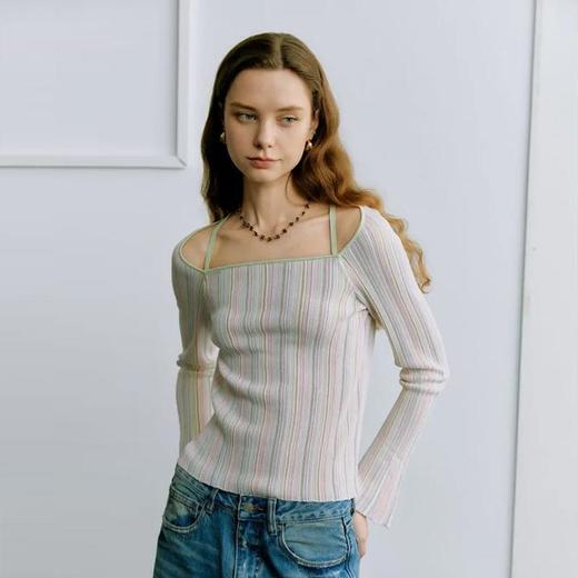 【顺丰包邮】34539 洛诗琳多巴胺设计感绑带方领条纹长袖打底T恤502 商品图0