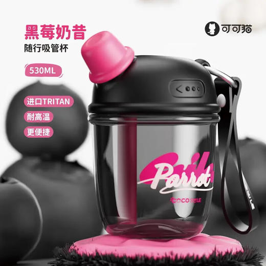 【6F】多样屋可可猫嘟嘟吸管杯女生高颜值杯子夏季便携tritan学生儿童防漏耐高温水杯 黑莓奶昔【耐高温109度】 530ml 商品图0