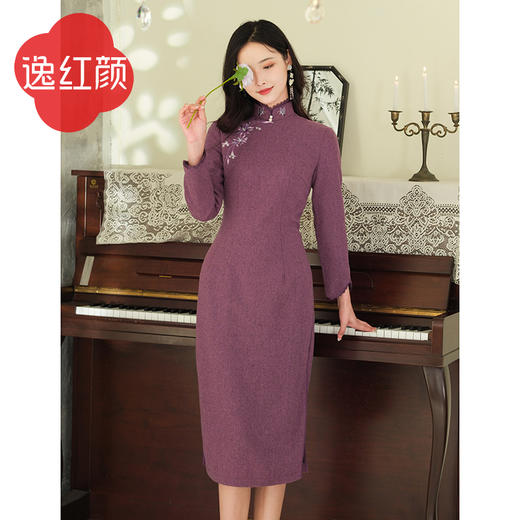 上海逸红颜潇湘2025年春装新品毛呢改良旗袍连衣裙女气质款 商品图0