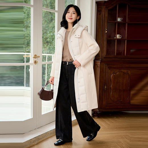 NEELLY纳俪商场同款冬季新款连帽羽绒拼接长款双面呢大衣外套女N24104L07765 商品图2