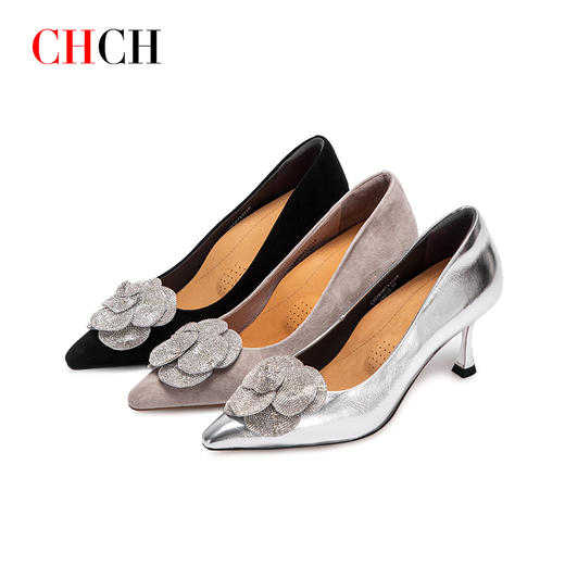 CHCH平衡鞋2024秋冬新品优雅细高跟鞋简约正装闪钻花卉一脚蹬尖头女鞋CO2B5071 商品图1