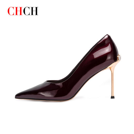 CHCH平衡鞋2024秋冬新品亮面高跟鞋细跟酒红婚宴鞋简约金属跟浅口尖头职业OL女鞋 商品图1