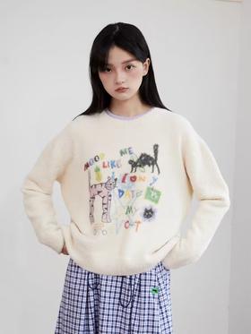 Mood Like Me/MMY2413/手绘涂鸦slogan猫咪铅笔画针织毛衣