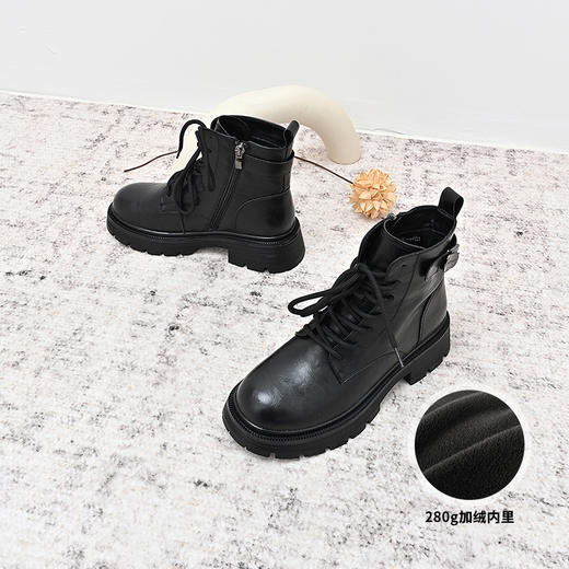 经典鲨2024年冬季新款百搭黑色加绒侧拉链平底通勤短筒靴女KW178-D58171 商品图1