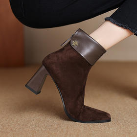 【预售5天】法式时尚羊翻皮拼接瘦瘦靴方头气质高跟靴子加绒粗跟短靴女SLLK&sl-7820