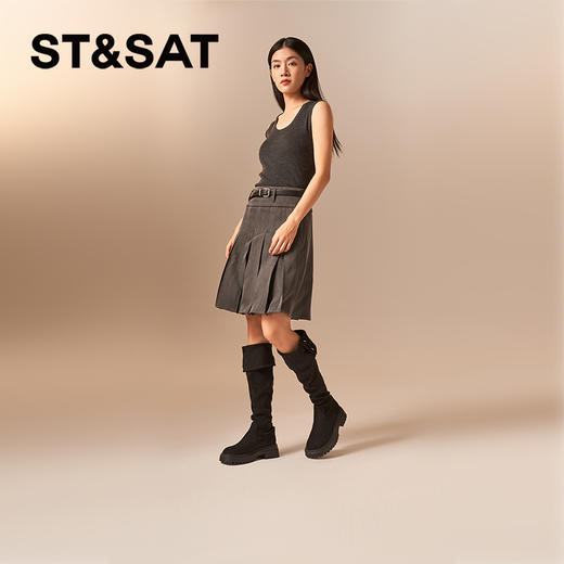 星期六复古扣饰厚底百搭过膝长筒靴SSC4117C44 商品图6