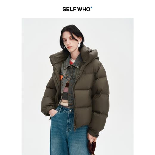 SELFWHO90白鸭绒假两件牛仔拼接连帽羽绒服女2024冬保暖蓬松外套 商品图0