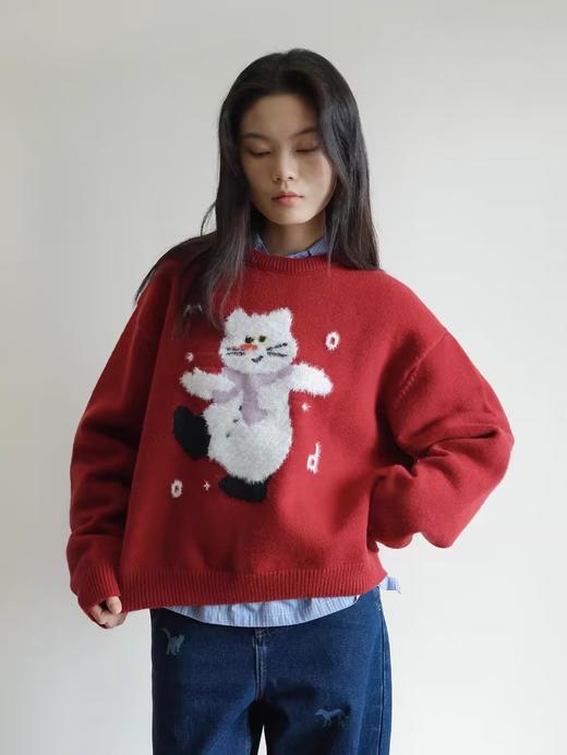 Mood Like Me/MMY2417/雪人猫猫仿貂毛提花宽松圆领毛衣 商品图0