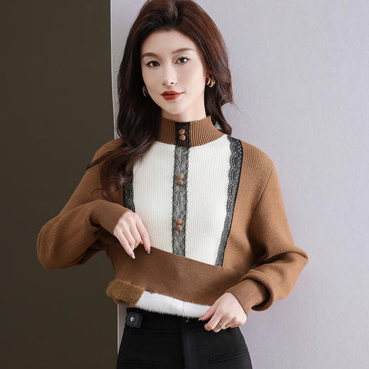 CC-11-9078一体绒打底衫女士新款拼色洋气蕾丝秋冬内搭加绒厚款毛衣 商品图1