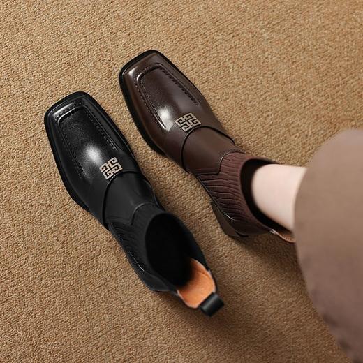 【预售5天】秋冬新款牛皮针织毛线筒瘦瘦靴加绒方扣粗高跟弹力短靴女SLLK&sl-7855 商品图0