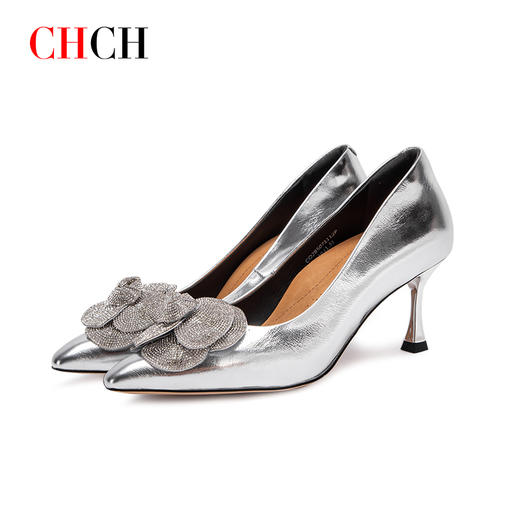 CHCH平衡鞋2024秋冬新品优雅细高跟鞋简约正装闪钻花卉一脚蹬尖头女鞋CO2B5071 商品图4