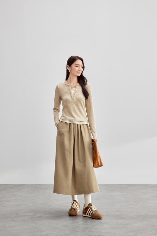 【内购】舒适通勤棉质半身裙橡筋松紧腰双侧插袋百搭A字伞裙-151Q56762 商品图0