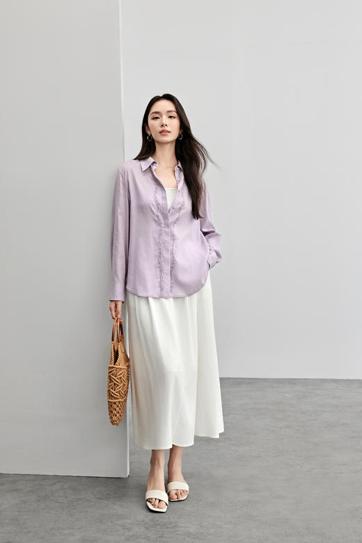 【内购】工艺刺绣棉加莱赛尔亚麻舒爽透气轻量感衬衫利落衬衫领上衣-151C57984 商品图1