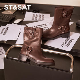 星期六复古金属扣方头粗跟中筒靴SSC4116396