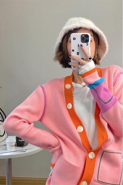 ANSUABEL 撞色V领单排扣针织衫 15214 商品图3