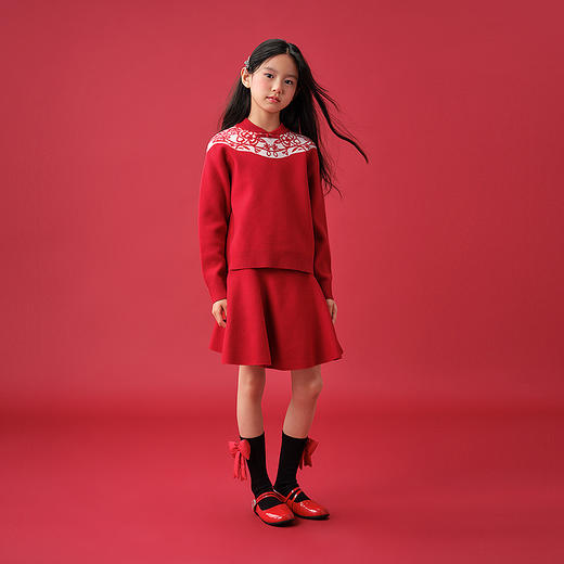 森马儿童套装2025春新款新中式毛衣短裙两件套女童拜年服红色提花 商品图2