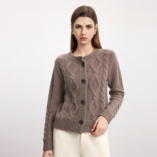 【绞花羊绒开衫】羊绒世家秋冬新品女士100%山羊绒圆领针织绞花开衫外套 商品图0