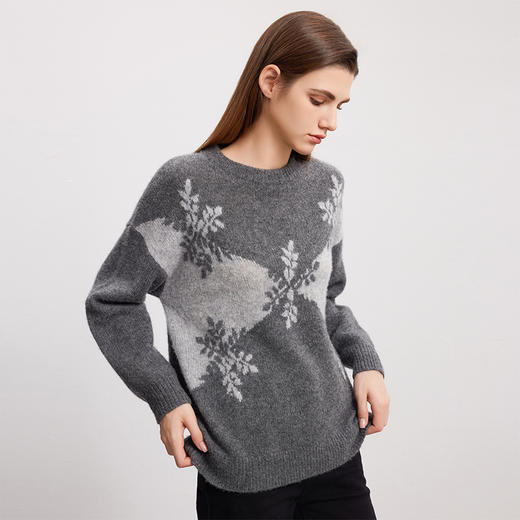 【羊绒+桑蚕丝针织衫】羊绒世家秋冬新品女士圆领针织套衫雪花图案内搭保暖毛衣 商品图3