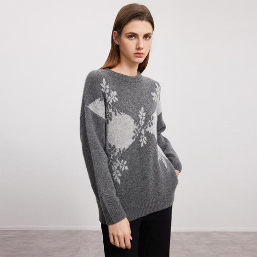【羊绒+桑蚕丝针织衫】羊绒世家秋冬新品女士圆领针织套衫雪花图案内搭保暖毛衣 商品图1