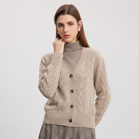 【V领绞花针织开衫】羊绒世家秋冬新品女士100%山羊绒开衫针织外套