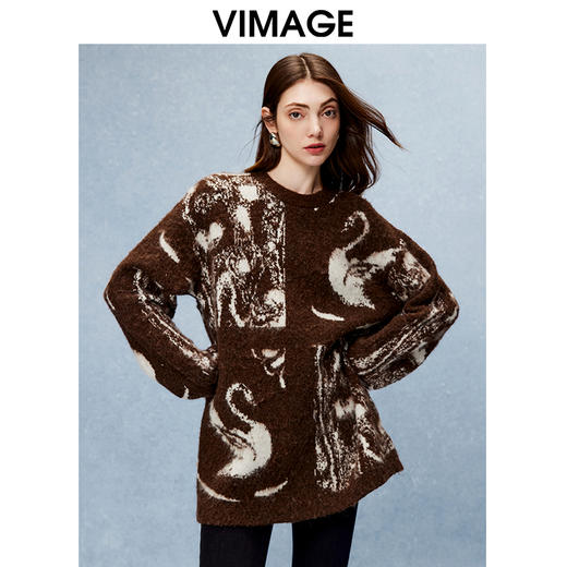 VIMAGE纬漫纪冬季新款印花慵懒风温柔宽松时尚显瘦针织衫V2201818 商品图3