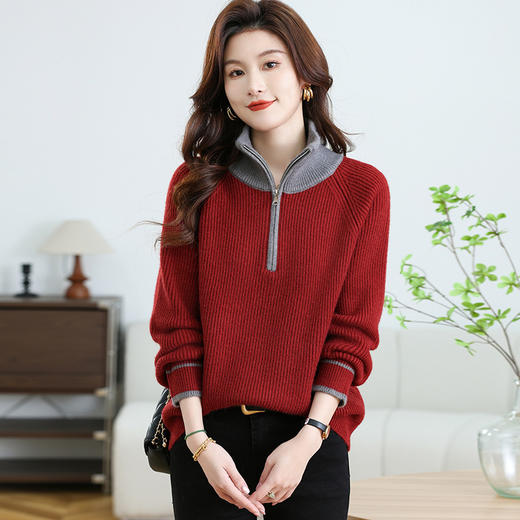 CC-17-6763高领毛衣女款2024新款秋冬拼色洋气拉链小个子针织上衣内搭打底衫 商品图1