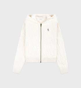 Sporty & Rich - SRC Cable-knit Wool Cashmere Zip hoodie - Cream/Navy - 女装 - 针织衫 - 奶油/海军蓝