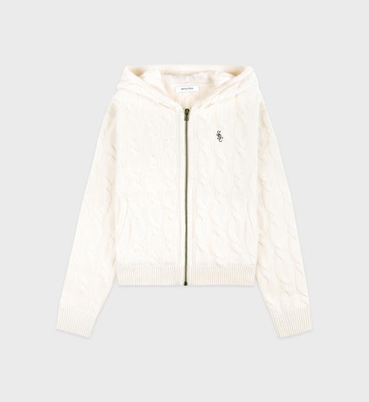 Sporty & Rich - SRC Cable-knit Wool Cashmere Zip hoodie - Cream/Navy - 女装 - 针织衫 - 奶油/海军蓝 商品图0