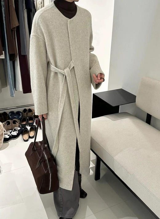 【YW】无忧购法式温柔圆领长款飘带一根绳双面羊毛大衣（截单后7天发货) 商品图1