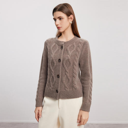 【绞花羊绒开衫】羊绒世家秋冬新品女士100%山羊绒圆领针织绞花开衫外套 商品图3