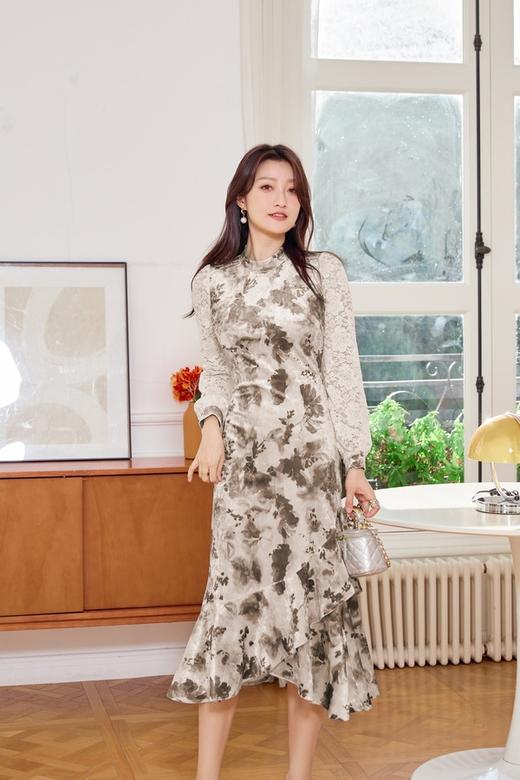 Le Malene 灰绿色丝绒印花拼接蕾丝连衣裙 19514 商品图3
