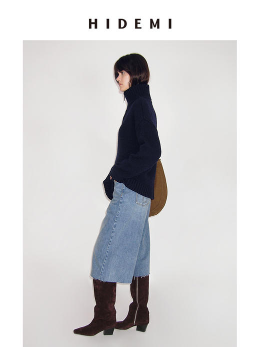 HIDEMI 澳洲进口美利奴羊毛藏蓝色拉链立领厚款廓形大毛衣 商品图2