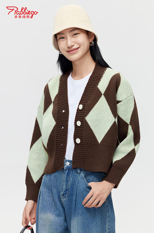 赤兔嗨购复古菱格针织开衫女秋冬季外搭法式高端优雅温柔软糯风毛衣 商品图3