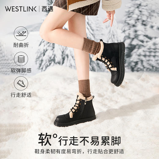 西遇加绒马丁靴女2025新款冬季复古系带短靴厚底棉鞋子保暖雪地靴D4347835 商品图1