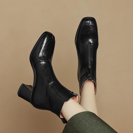 【预售5天】牛皮格纹前拉链马丁靴，粗跟显瘦英伦风酒红色圆头高跟短靴子LD&6978 商品图1