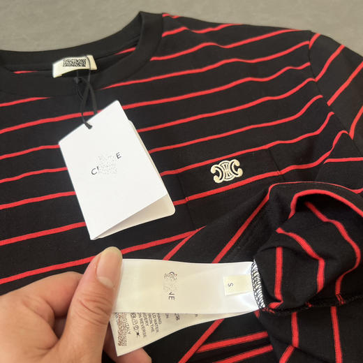 CL 2024新款 凯旋门 胸前口袋 刺绣小标 休闲条纹圆领短袖T恤 男女同款 特惠 Z-12092 商品图2