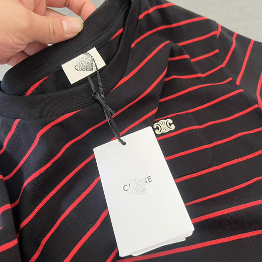 CL 2024新款 凯旋门 胸前口袋 刺绣小标 休闲条纹圆领短袖T恤 男女同款 特惠 Z-12092 商品图7