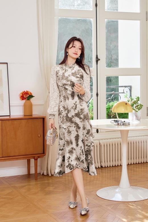 Le Malene 灰绿色丝绒印花拼接蕾丝连衣裙 19514 商品图4