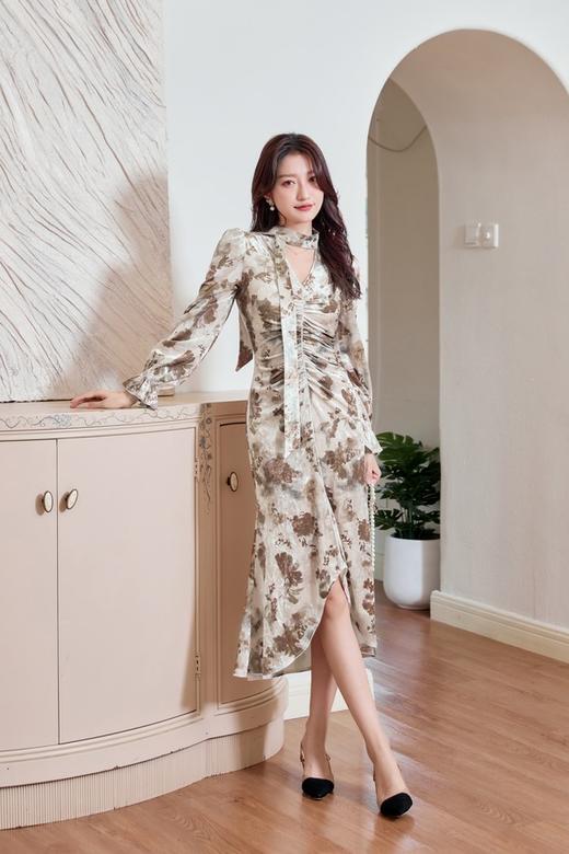 Le Malene 精致优雅丝绒印花飘带连衣裙 19516 商品图0
