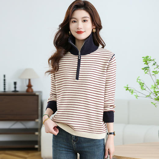 CC-17-6765小个子半拉链立领毛衣女士2024新款秋冬季洋气条纹显瘦厚款打底衫 商品图1