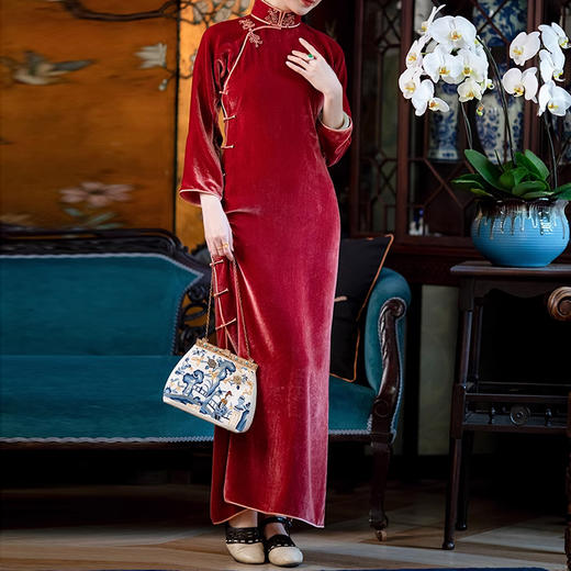 裁缝学苑AQ385春秋丝绒手工盘扣窄长袖民国复古旗袍修身 商品图5