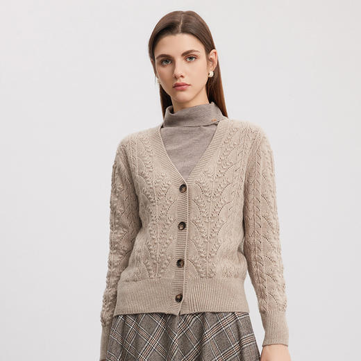 【V领绞花针织开衫】羊绒世家秋冬新品女士100%山羊绒开衫针织外套 商品图1