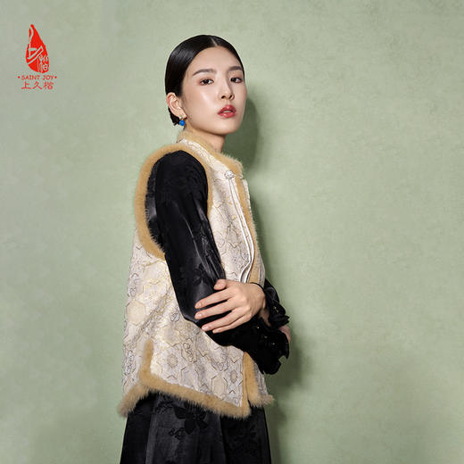 SAINTJOY/上久楷 女式宋锦貂绒丝棉马甲 中式上衣 中国风 复古 如意葫芦龟背龙纹 CY1044207002 商品图1