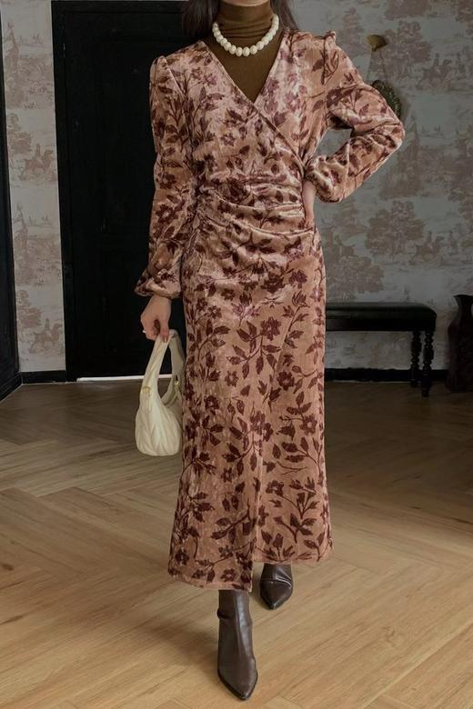 Le Malene V领复古丝绒印花收腰连衣裙 19522 商品图6