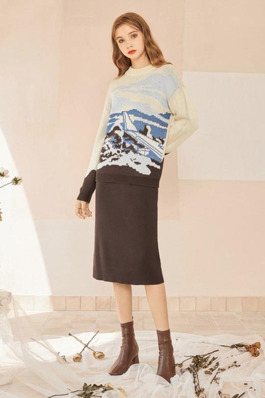 MEETLADY/米莱达 时髦复古印花毛衣包臀裙套装 15134 商品图3