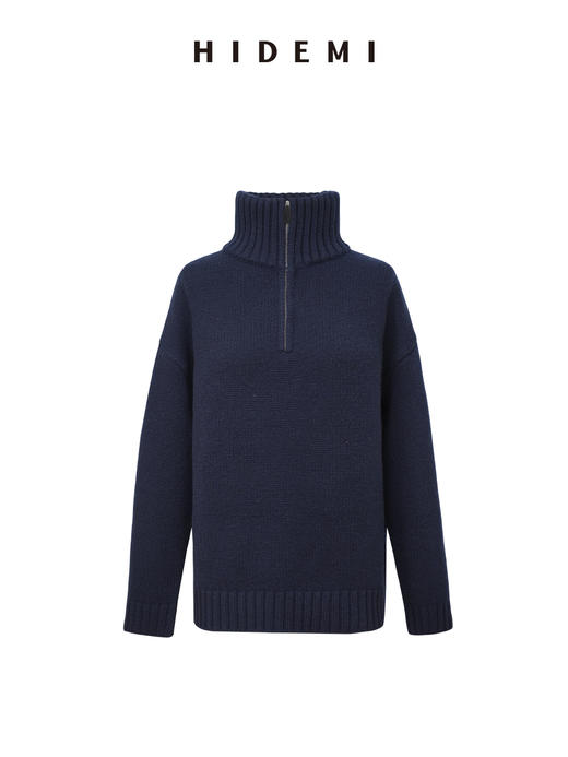 HIDEMI 澳洲进口美利奴羊毛藏蓝色拉链立领厚款廓形大毛衣 商品图5