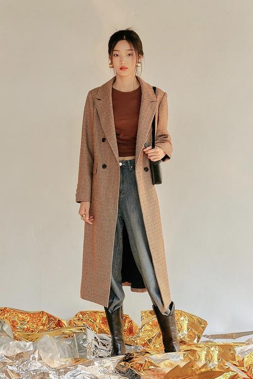 韩都衣舍/Handu Group 韩版格纹长款双排扣西装外套 15132 商品图0